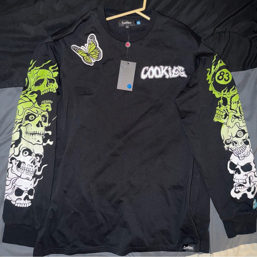 Cookies Black Long Sleeve Shirt with Green Skull and Butterfly Design